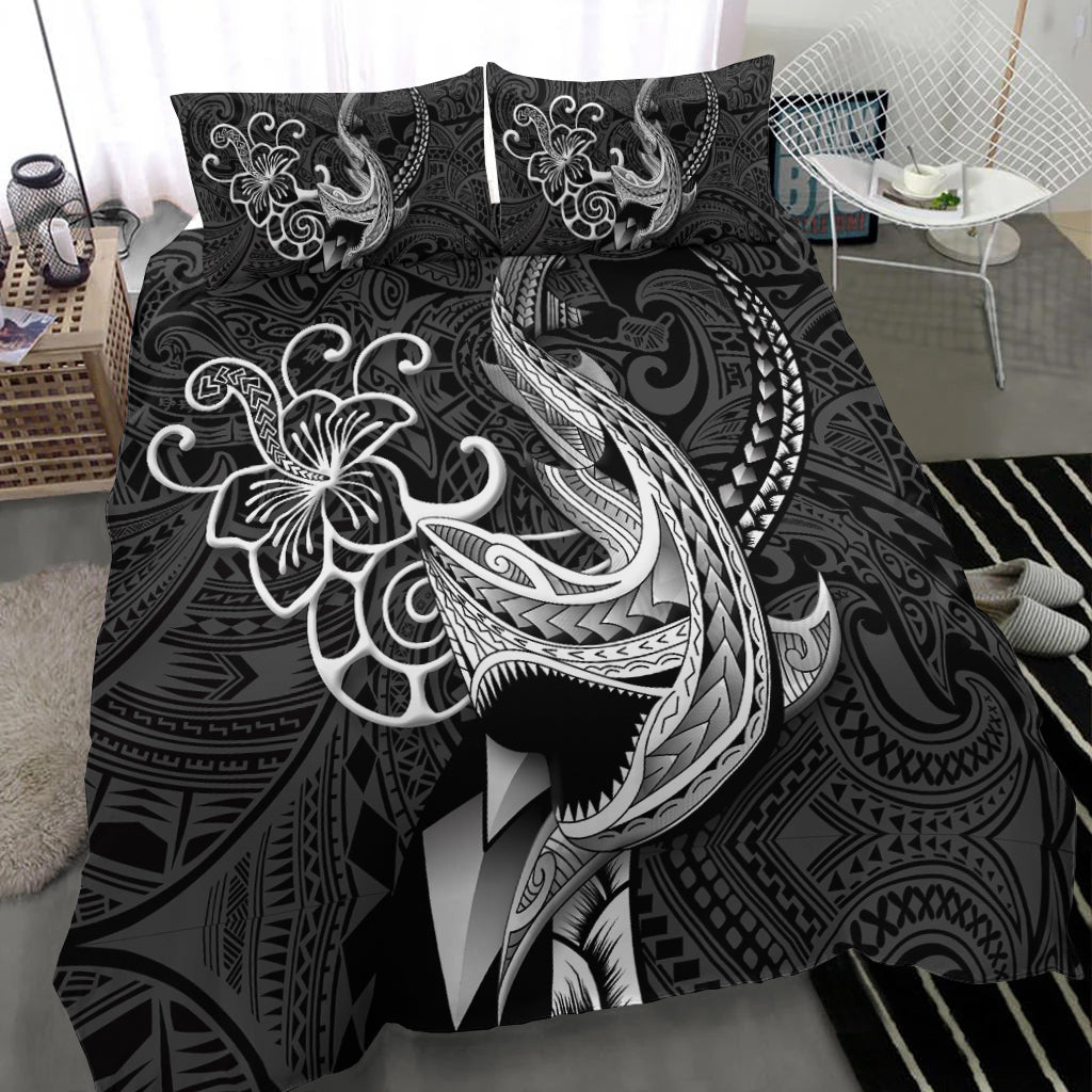 Black bedding set with white shark face and swirling tribal motifs; two pillow shams