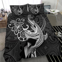 Black bedding set with white shark face and swirling tribal motifs; two pillow shams