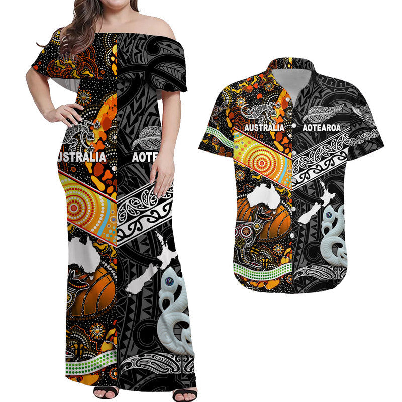 Black matching off-shoulder maxi dress and short-sleeve shirt with colorful tribal graphics
