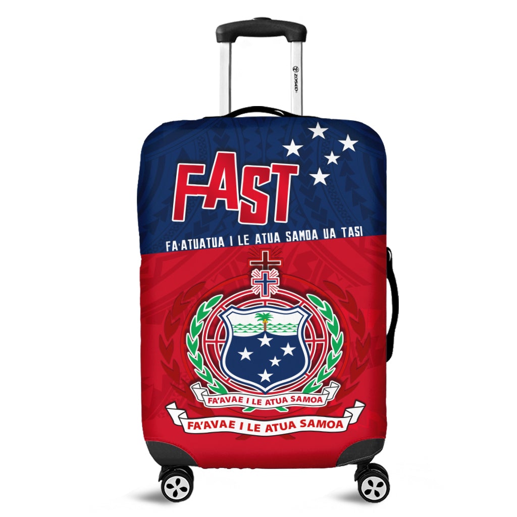 Blue suitcase cover with FAST text, stars, and Samoa crest, snug over rolling luggage