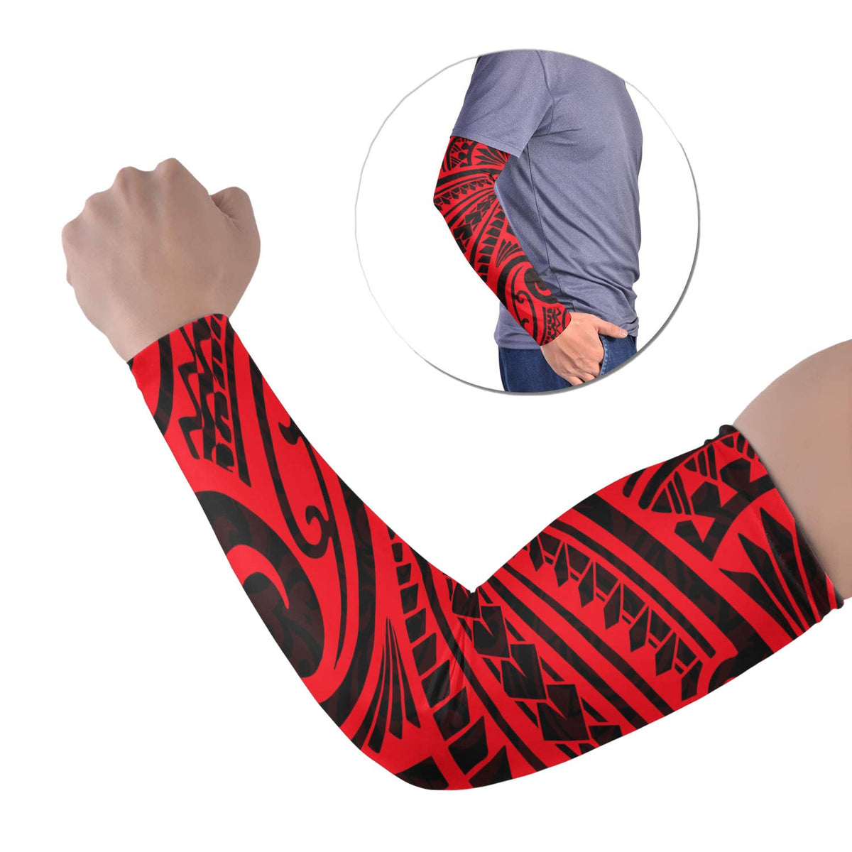 Red and black Polynesian tribal tattoo arm sleeve, long length, set of two
