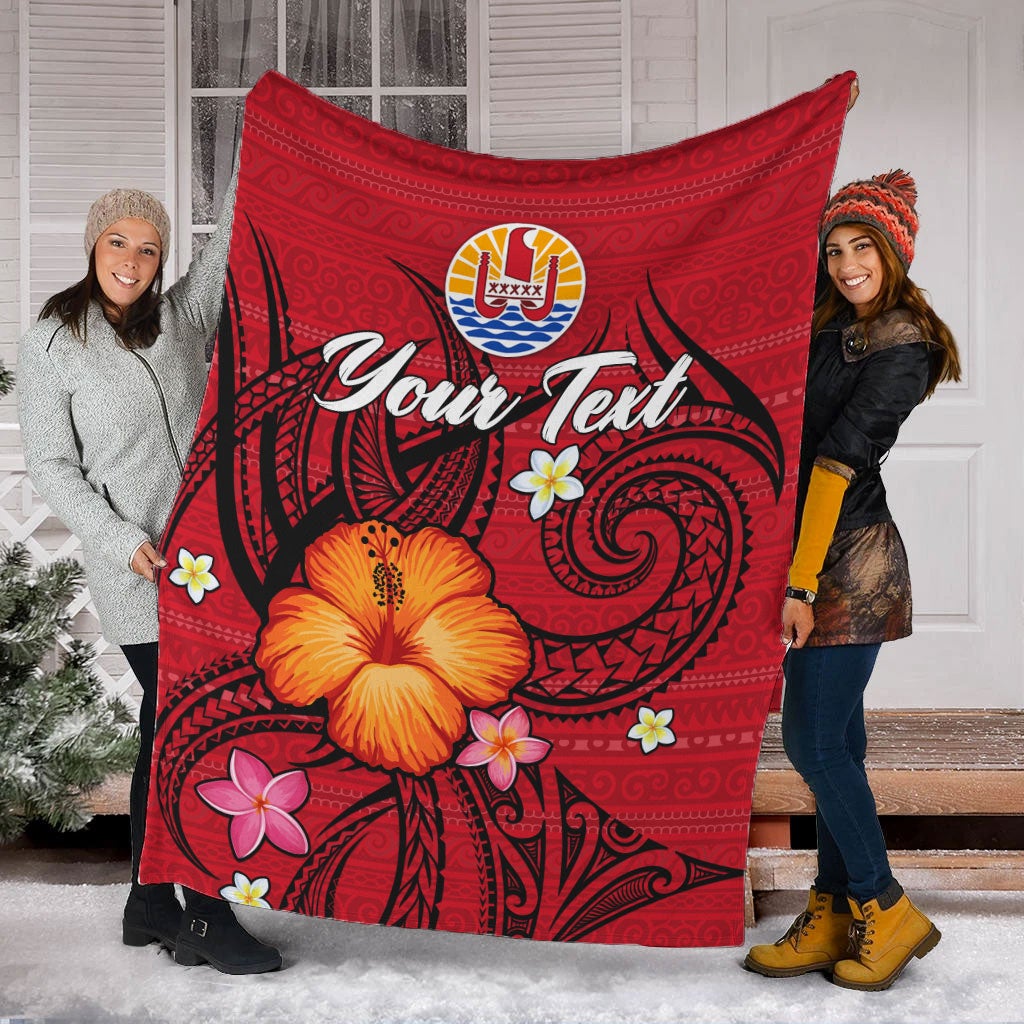 Red Tahiti Maohi blanket full design with “Your Text”, hibiscus flower and tribal patterns