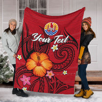 Red Tahiti Maohi blanket full design with “Your Text”, hibiscus flower and tribal patterns