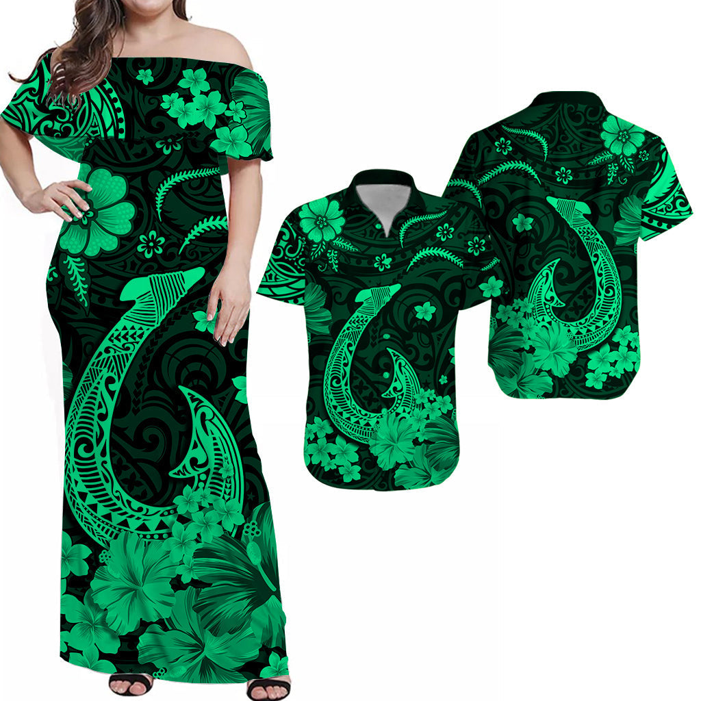 Green off-shoulder Hawaiian maxi dress with fish-hook and clover floral print