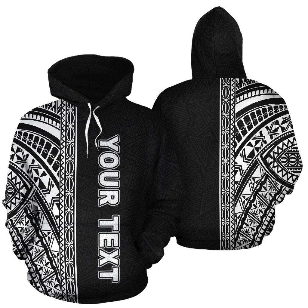 Black pullover hoodie with Polynesian tribal print and vertical lettering graphic