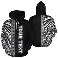 Black pullover hoodie with Polynesian tribal print and vertical lettering graphic