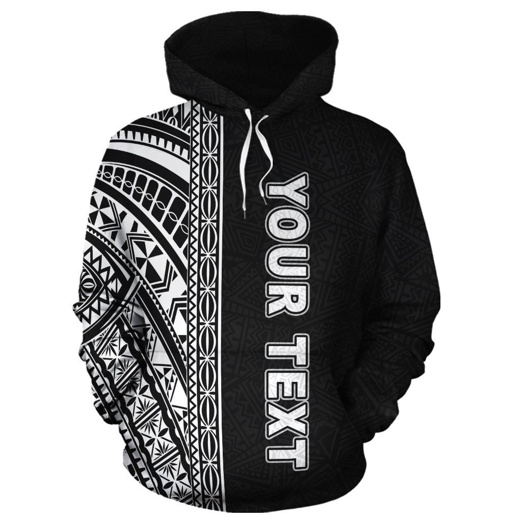 Black pullover hoodie, hooded with tribal panel print and vertical lettering graphic