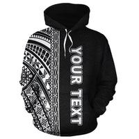 Black pullover hoodie, hooded with tribal panel print and vertical lettering graphic