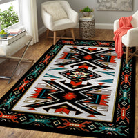 Colorful tribal rug featuring central diamond star motif in cream, red, teal, and black