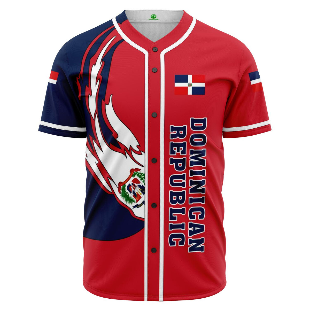 Dominican baseball jersey in red and navy with button front and flag patch