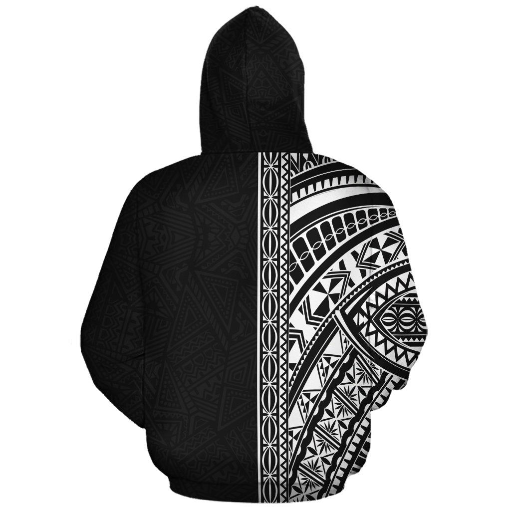 Black pullover hoodie with large Polynesian print sleeve panel and center stripe