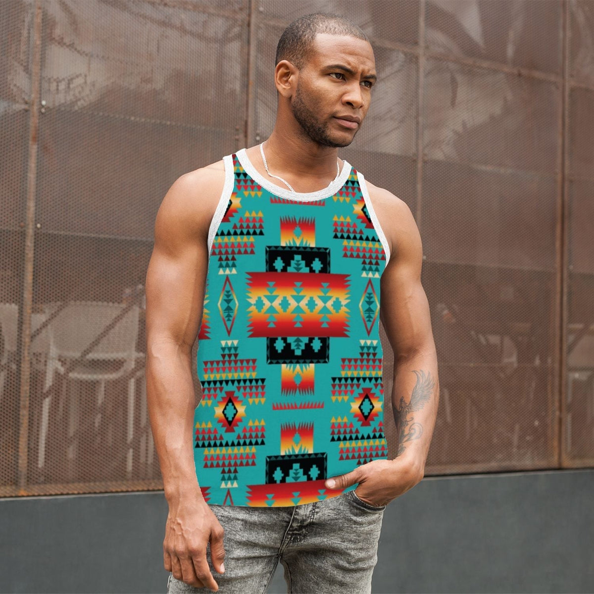 Teal blue men's sleeveless tank with all-over Native tribal multicolor print