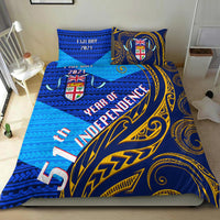 Blue Fiji Day 2021 bedding set featuring Fiji crest, red “Independence” lettering, gold accents