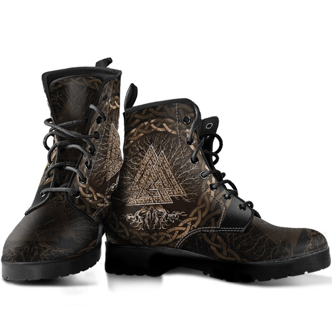 Black lace-up boots with gold Norse symbols, Celtic knot and Tree of Life artwork