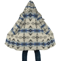Hooded long cloak with adjustable drawstring, seamless geometric print in blue/black/cream
