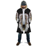 Black hooded cloak with multicolor wolf feather headdress print, front view