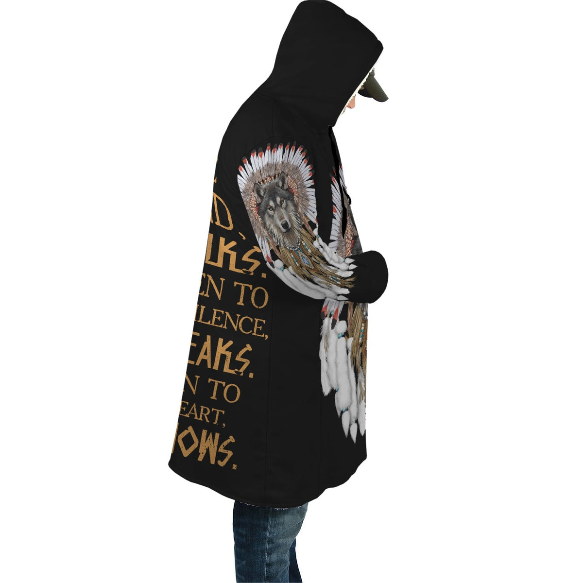 Side view of black hooded cloak with wolf graphic and feather print