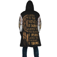 Back view: black hooded cloak with wolf feather print and “LISTEN TO THE WIND” text