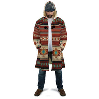 Native American print hooded cloak, open front, colorful geometric stripe pattern
