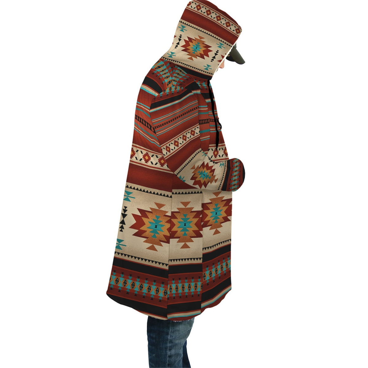 Hooded cloak in colorful geometric pattern, side profile with draped sleeves