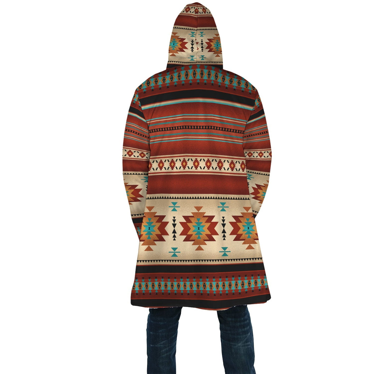 Back view of hooded cloak with colorful geometric stripes and diamond motifs