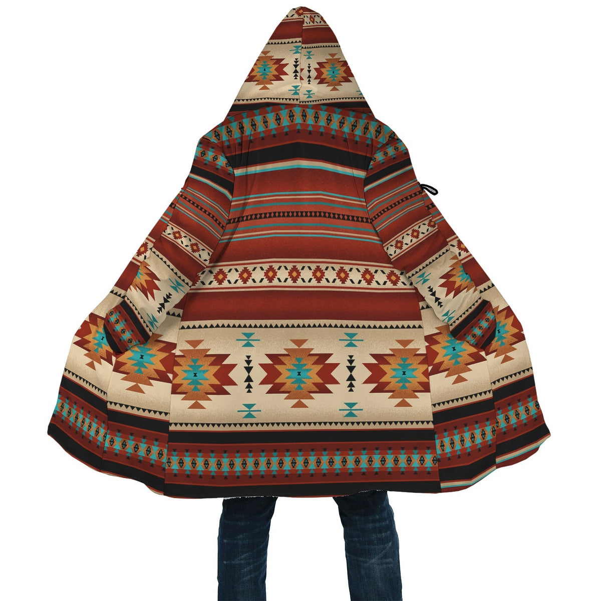 Front view close-up: hooded cloak with colorful geometric stripe and diamond pattern