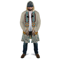 Turquoise-and-brown beaded pattern Native American cloak with hood, unisex fit