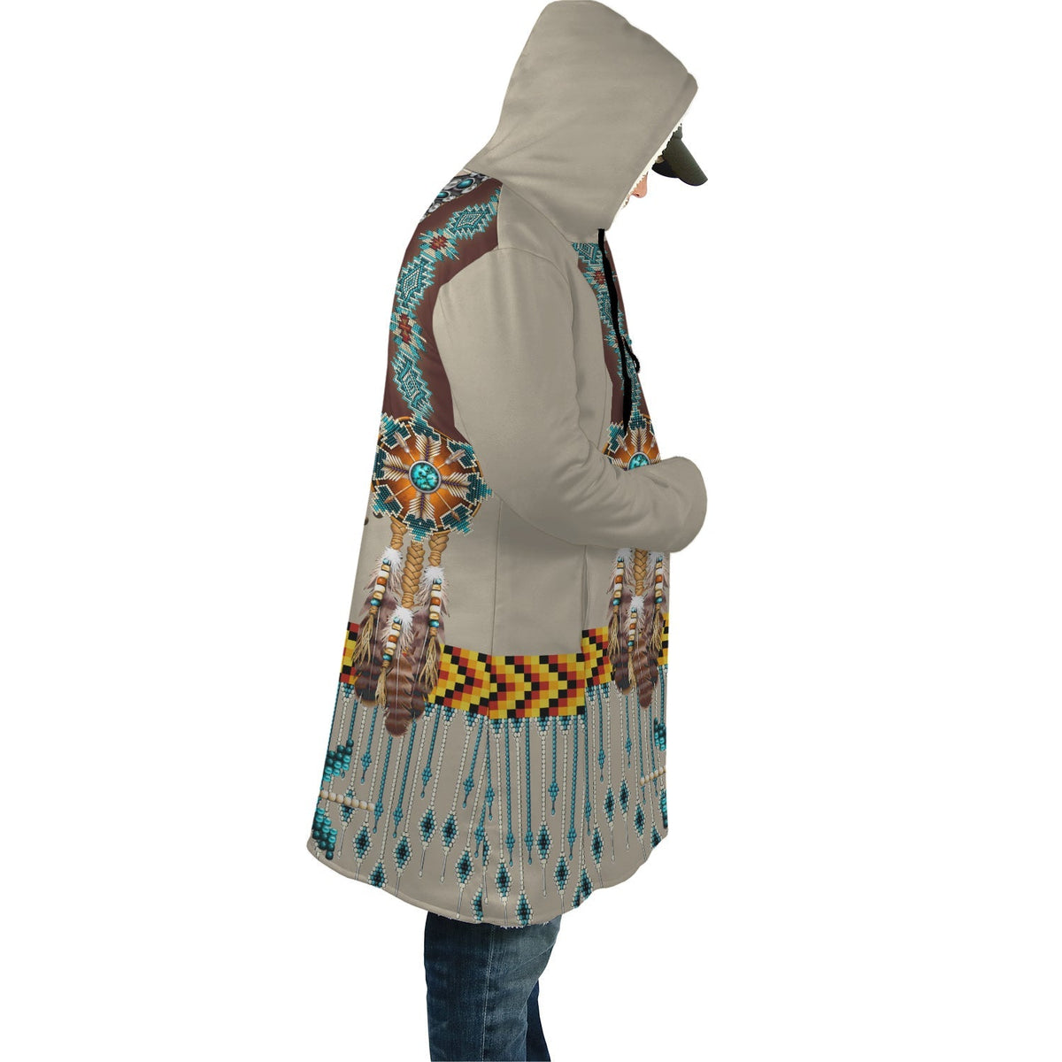 Hooded cloak side view with turquoise, brown, and yellow beaded band at hem