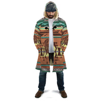 Multicolor Native American cloak with hood, bison graphic, open front