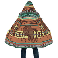 Hooded cloak with drawstring, bison graphic and multicolor geometric pattern