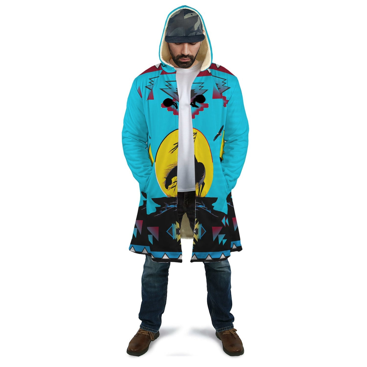 Unisex hooded cloak in turquoise with bold native-style horse graphic, colorful trim