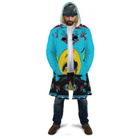 Unisex hooded cloak in turquoise with bold native-style horse graphic, colorful trim
