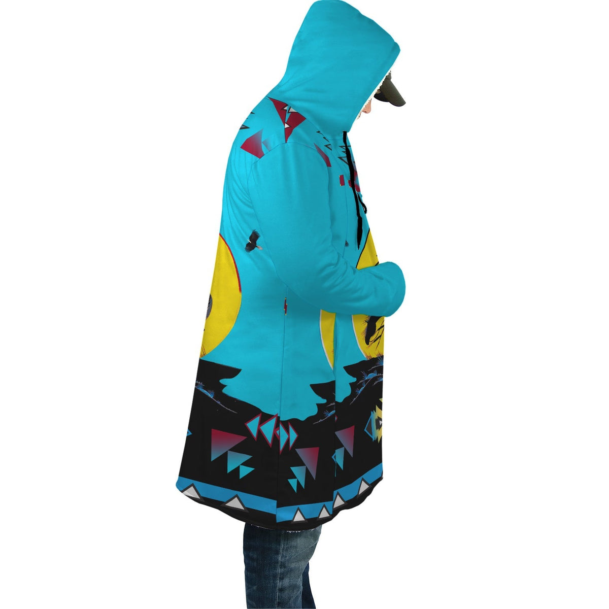 Turquoise hooded cloak side view with yellow circle horse print and geometric border