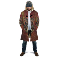 Brown wolf cloak with hood, open front, colorful feather and wolf graphic