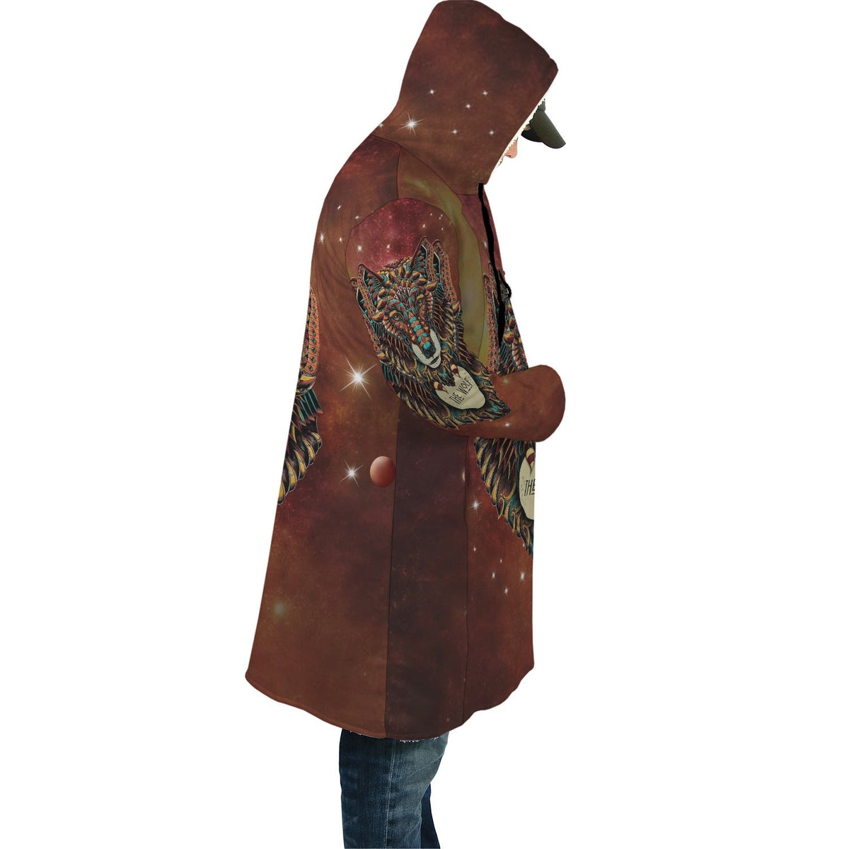 Brown hooded wolf cloak, side view with large colorful wolf emblem