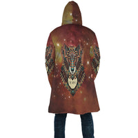Back view hooded brown wolf cloak with central wolf head and colorful prints