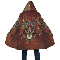 Hooded brown wolf cloak back panel, colorful wolf face graphic and feather prints