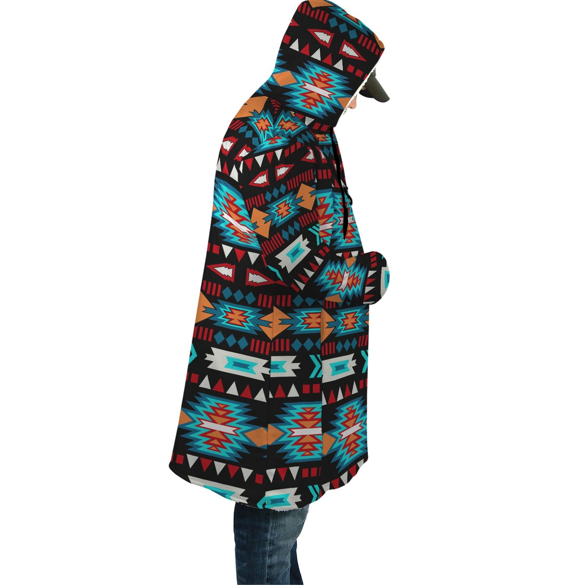 Side view hooded cloak, multicolor geometric Aztec pattern on dark base