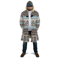 Colorful tribal striped hooded cloak, front view with open front and hood