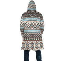 Colorful tribal striped hooded cloak, back view with full stripe pattern