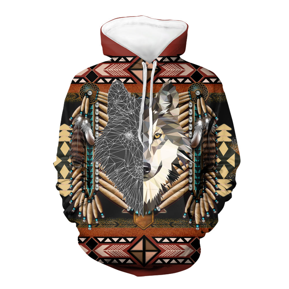 3D half-face wolf hoodie with drawstring hood, multicolor tribal print front
