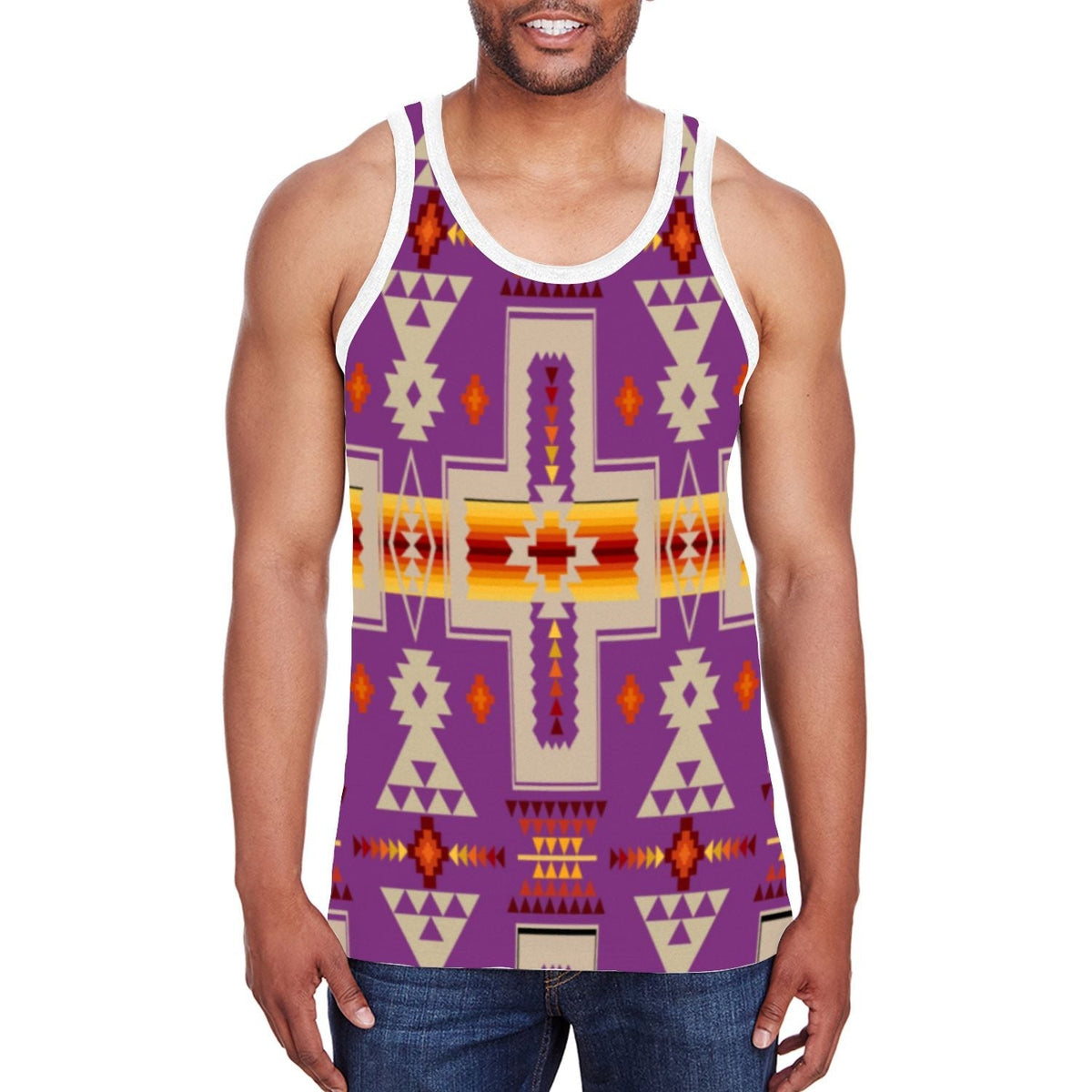 Front view: men's purple all-over print tank with Native geometric accents