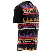 Black baseball jersey 3/4 view with purple, orange, red, and white tribal stripe pattern