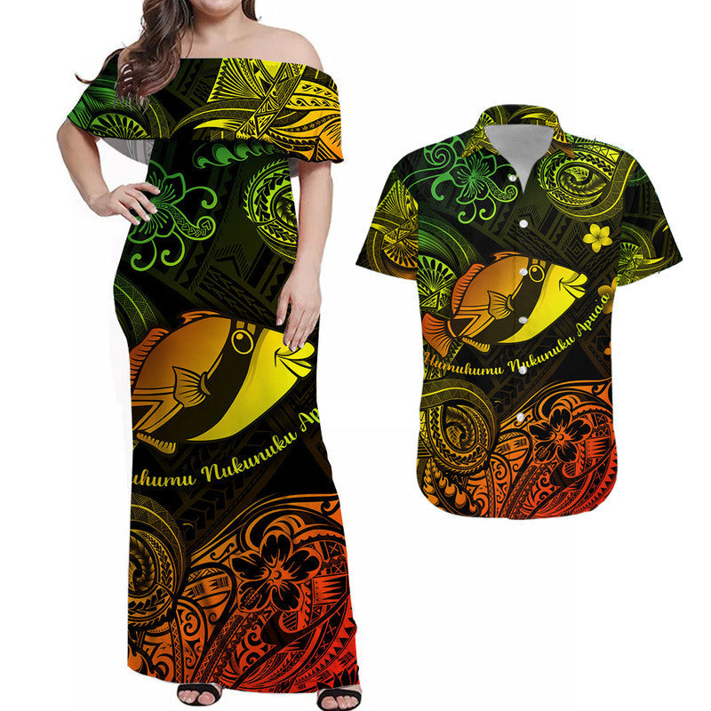 Off-shoulder maxi dress and matching short-sleeve shirt with green-yellow fish print