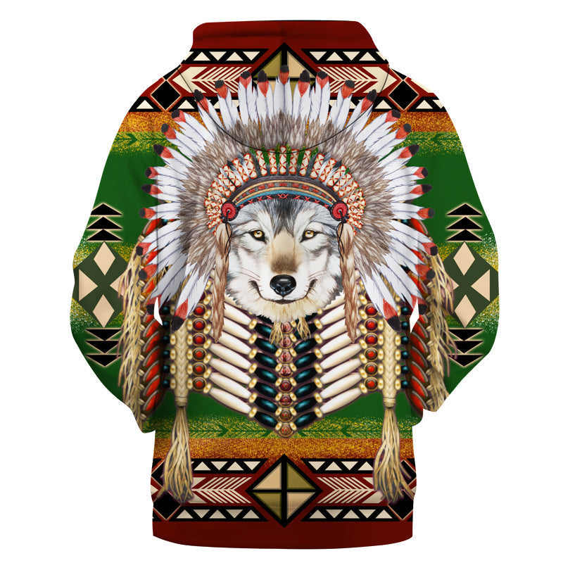 Multicolor wolf headdress graphic pullover hoodie, front close-up with hood
