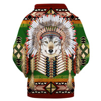 Multicolor wolf headdress graphic pullover hoodie, front close-up with hood