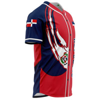 Dominican baseball jersey side view red and navy with large roaring mascot graphic