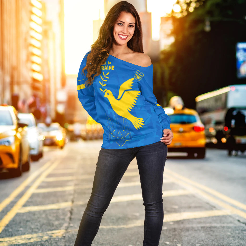Blue off-shoulder sweater, front view: dove and Ukraine text print, long sleeves
