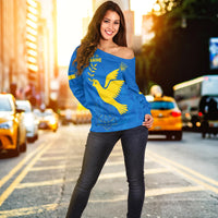 Blue off-shoulder sweater, front view: dove and Ukraine text print, long sleeves