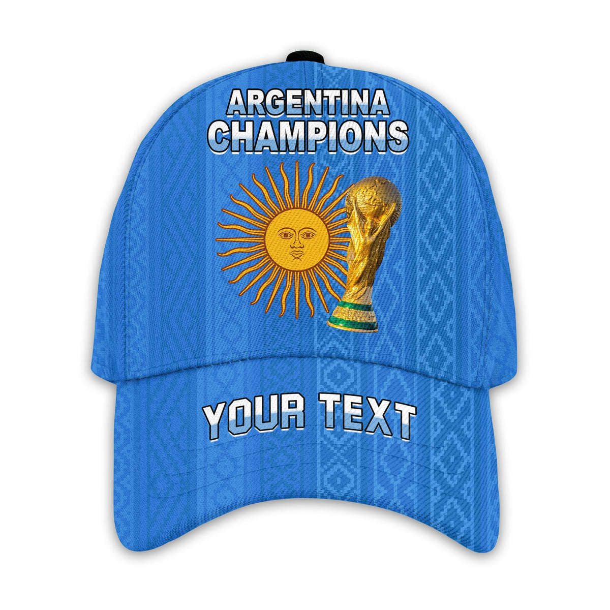 Blue football cap with Argentina Champions lettering and gold sun emblem